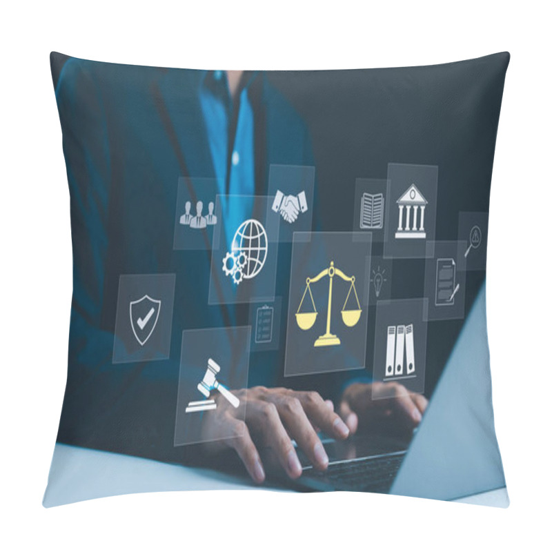 Personality  Legal Professional With Justice Icons. Legal Professional Using Laptop With Virtual Icons Symbolizing Law, Justice, And Legal Services. Business Legislation, Notary Public, Legal Advice Online, Lawyer Pillow Covers