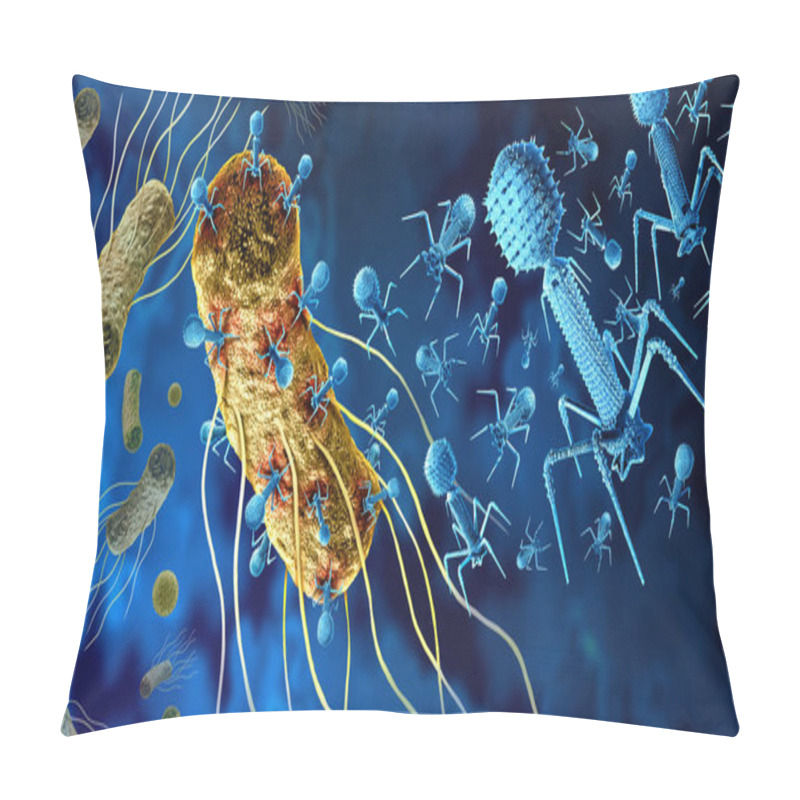 Personality  Phage And Bacteriophage Attacking Bacteria As A Virus That Infects Bacteria As A Bacterial Virology Symbol As A Pathogen That Attacks Bacterial Infections As A Bacteriophages Background. Pillow Covers