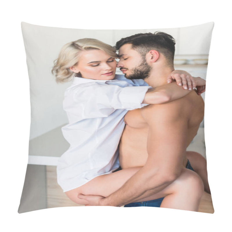 Personality  Handsome Shirtless Young Man Hugging Sexy Girlfriend In Kitchen  Pillow Covers