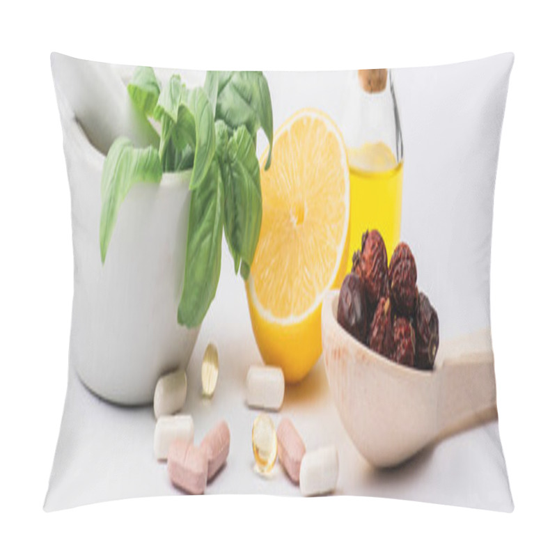 Personality  Green Leaves In Mortar, Berries And Lemon Near Pills On White Background, Naturopathy Concept Pillow Covers