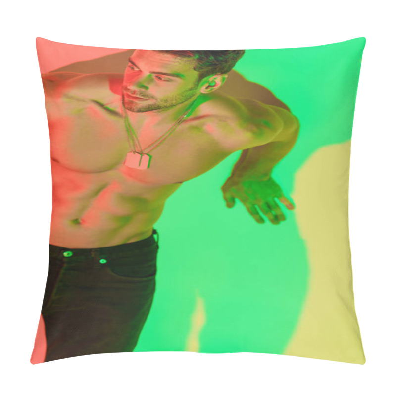 Personality  Sexy, Shirtless Man Leaning On Wall And Looking Away On Yellow With Red And Green Shadows Pillow Covers