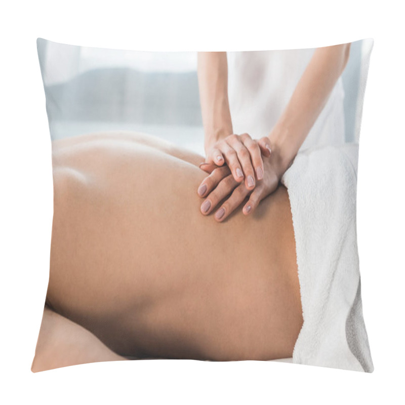 Personality  Cropped View Of Masseur Doing Massage To Shirtless Man Lying On Massage Table  Pillow Covers