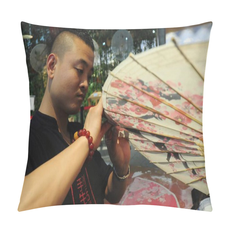 Personality  The Seventh Generation Successor Of Luzhou's Oil Paper Umbrella Yu Wanlun Makes An Oil Paper Umbrella At His Studio In Hangzhou City, East China's Zhejiang Province, 1 June 2017 Pillow Covers