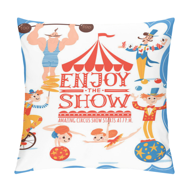 Personality  Circus Vector Poster With Lettering And Cartoon Cute Characters  Pillow Covers