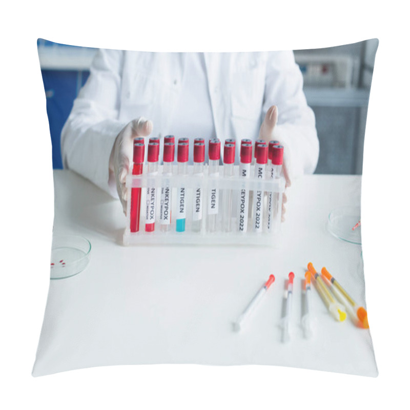 Personality  Cropped View Of Scientist Holding Test Tubes With Monkeypox Lettering Near Syringes In Lab  Pillow Covers