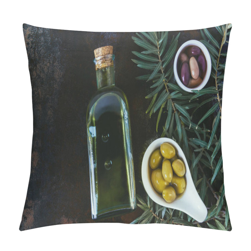 Personality  Top View Of Bottle Of Olive Oil And Olives In Bowls On Shabby Surface Pillow Covers