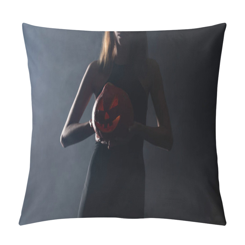 Personality  Cropped View Of Woman With Horns Holding Spooky Pumpkin On Black With Smoke  Pillow Covers