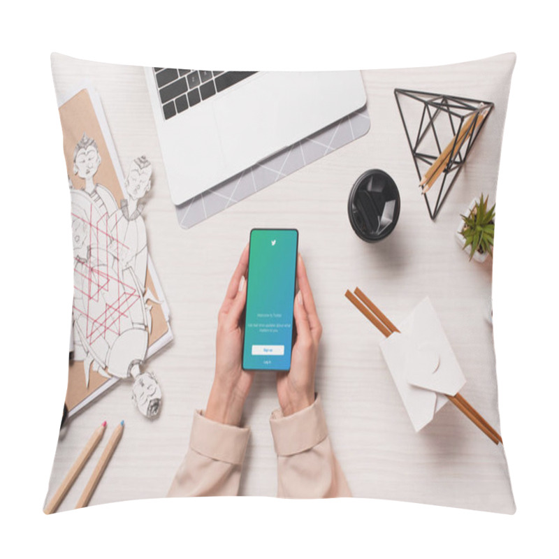 Personality  Office Desk With Laptop And Woman Hands Holding Smartphone With Twitter App On Screen, Flat Lay Pillow Covers