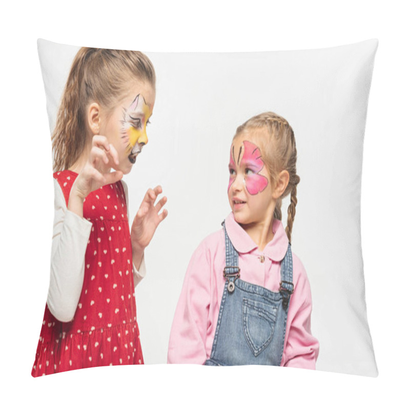 Personality  Adorable Kid With Cat Muzzle Painting On Face Scaring Friend Isolated On White Pillow Covers