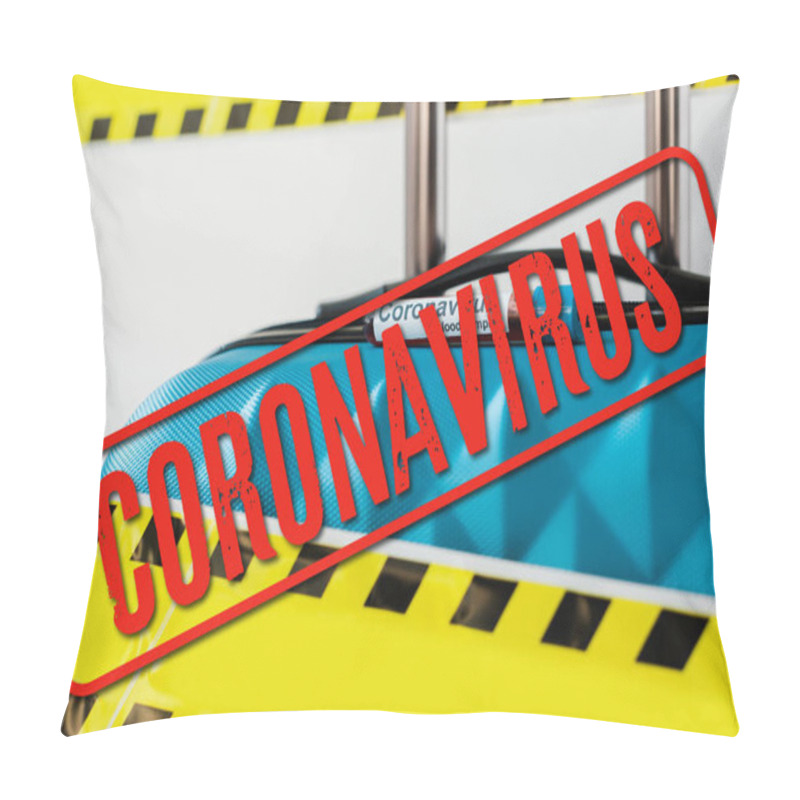 Personality  Close Up View Of Blue Suitcase With Blood Sample In Yellow And Black Hazard Warning Safety Tape Isolated On White, Coronavirus Illustration Pillow Covers