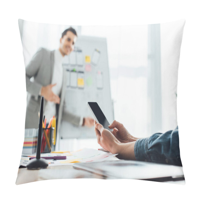 Personality  Selective Focus Of Ux Designer Looking At Colleague Near Whiteboard With Layouts In Office Pillow Covers