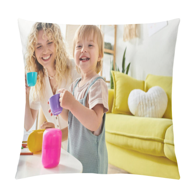 Personality  Curly Mother And Her Toddler Daughter Playfully Explore Montessori Cup Activities At Home. Pillow Covers