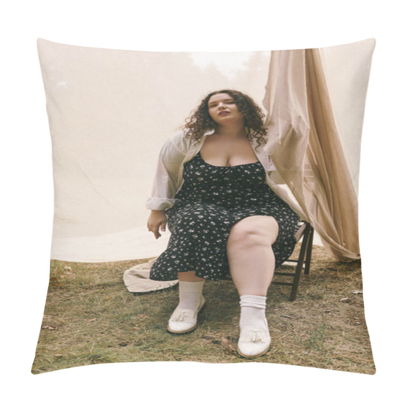 Personality  A Confident Plus Size Woman Sits Gracefully In A Sunlit Field, Embracing Natures Beauty. Pillow Covers