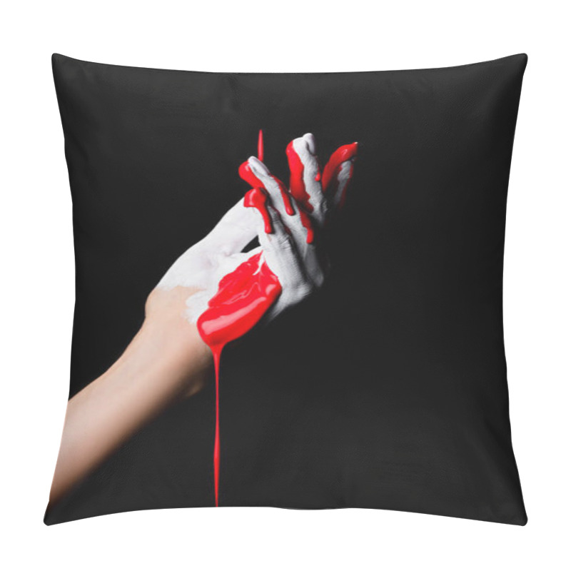 Personality  Partial View Of White Painted Hand With Red Dripping Paint Isolated On Black Pillow Covers