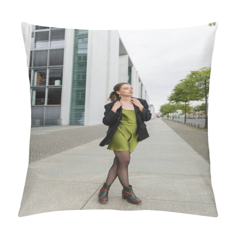 Personality  Full Length Of Stylish Young Woman In Jacket, Boots And Green Silk Dress Standing On Street Pillow Covers