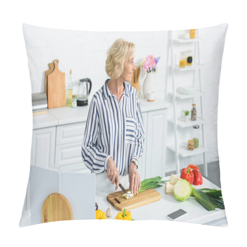 Personality  Attractive Grey Hair Woman Cutting Green Onion In Kitchen And Looking Away Pillow Covers