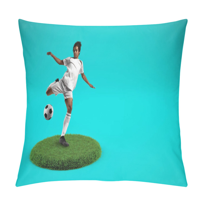 Personality  Soccer Players Kicking The Ball On A Grassy Plate With Cyan Background Pillow Covers