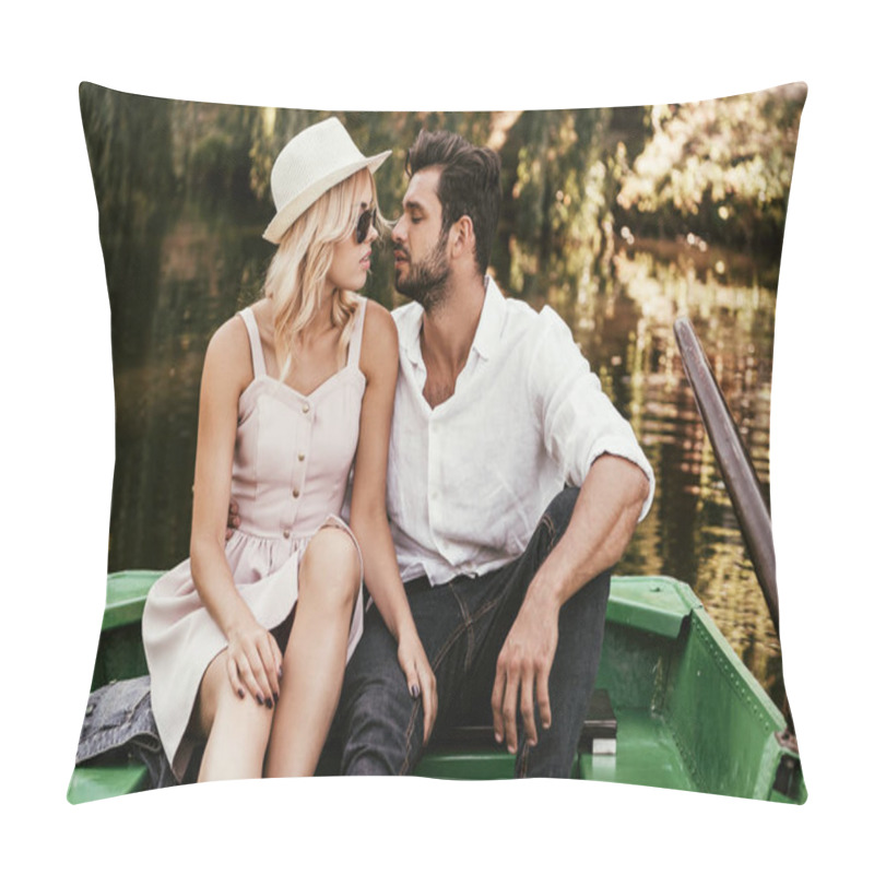 Personality  Happy Young Couple Kissing While Sitting In Boat On Lake Pillow Covers