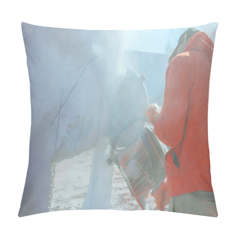 Personality  Worker Skillfully Operates Concrete Saw, Cutting Through Drainage System Well While Dust Fills Air At Construction Site Pillow Covers