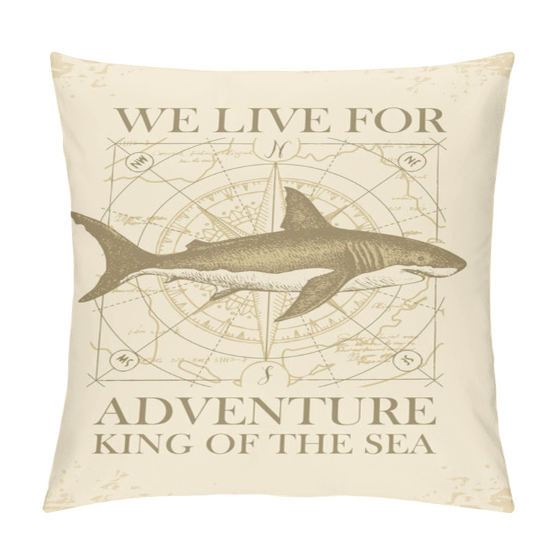 Personality  Retro Travel Banner With Shark And Old Map Pillow Covers