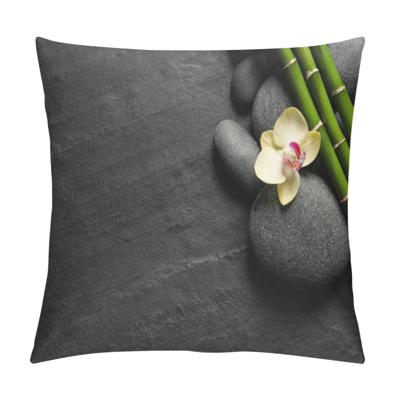 Personality  Spa Stones, Beautiful Orchid Flower And Bamboo Stems On Black Table, Flat Lay. Space For Text Pillow Covers