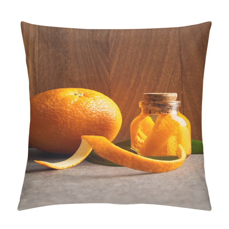 Personality  Ripe Orange And Essential Oil In Glass Bottle On Wooden Background Pillow Covers