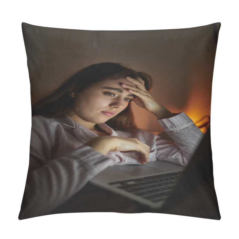 Personality  A Young Woman Sits Alone At Her Laptop, Battling Feelings Of Sadness And Turmoil In The Dark. Pillow Covers