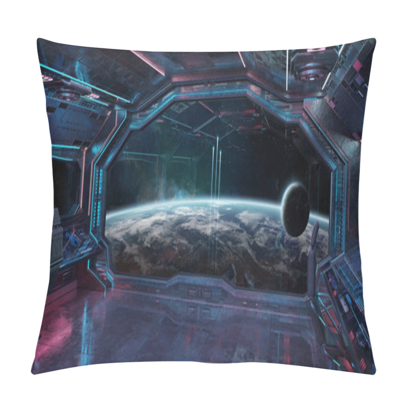 Personality  Grunge Spaceship Blue And Pink Interior With View On Planet Earth 3D Rendering Elements Of This Image Furnished By NASA Pillow Covers