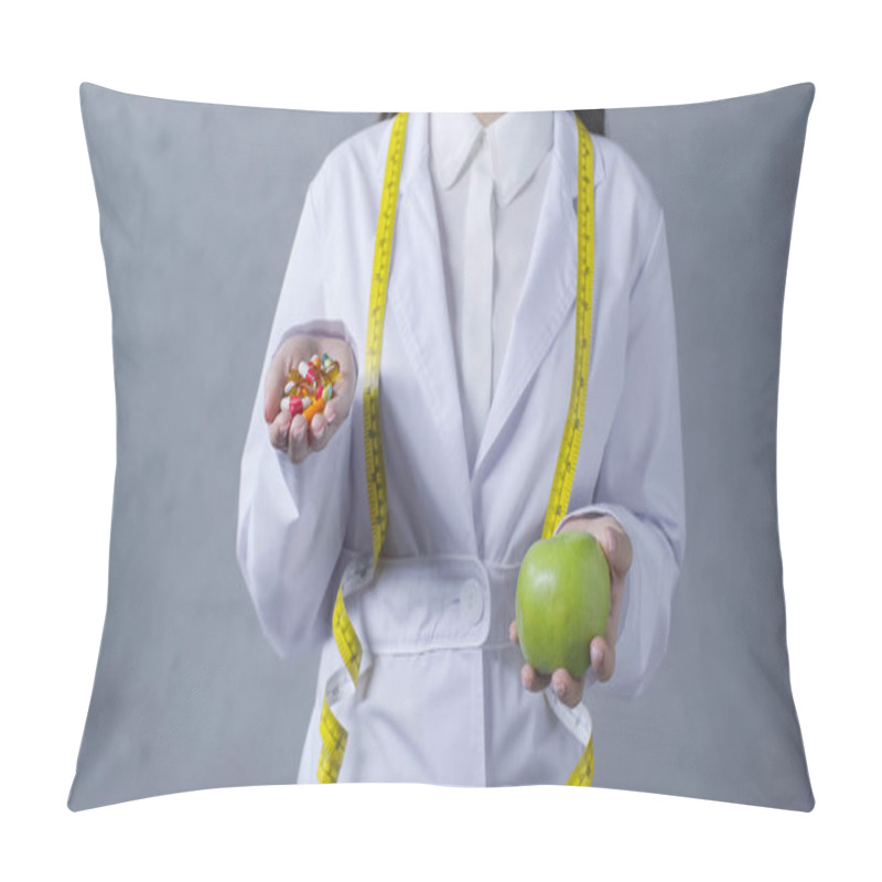 Personality  Partial View Of Nutritionist Comparing Apple And Vitamins On Grey  Pillow Covers