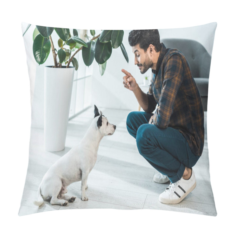 Personality  Side View Of Handsome Bi-racial Man Training Jack Russell Terrier Pillow Covers