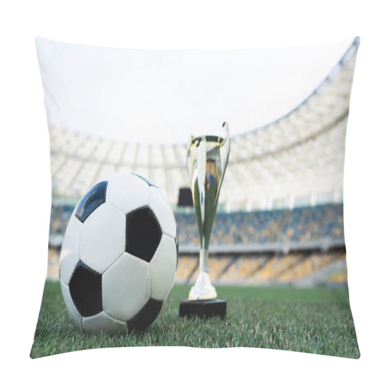 Personality  Soccer Ball And Trophy On Grassy Football Pitch At Stadium Pillow Covers