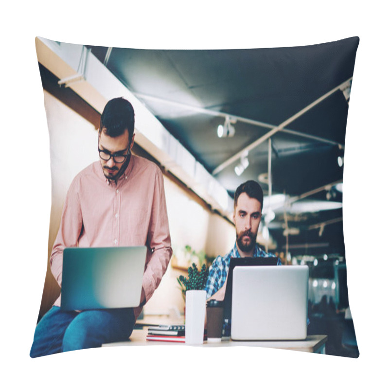 Personality  Concentrated Male It Developers Working On Laptop Computers In Office, Searious Young Hipster Guys Programming New App For Netbooks Doing Productive Job For Startup Together In Coworking Space  Pillow Covers