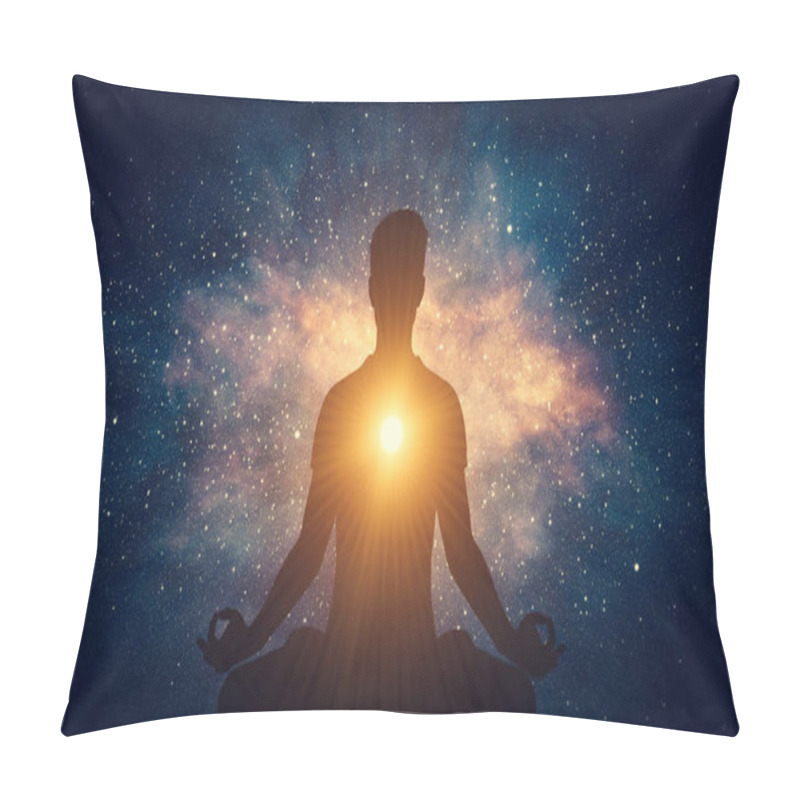 Personality  Man And Soul. Yoga Lotus Pose Meditation On Nebula Galaxy Background. Zen, Spiritual Well-being Pillow Covers