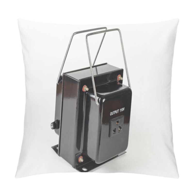 Personality  110 Volt Black Step-down Transformer With Stainless Carrying Handles On A White Background Pillow Covers