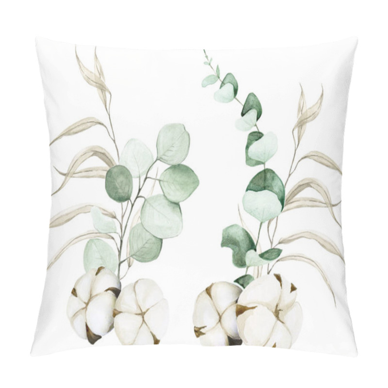 Personality  Watercolor Drawing Set Of Eucalyptus Leaves, Willow And Cotton Flowers. Bunch Of Leaves And Cotton Isolated On A White Background. Clip Art Elements For Graphic Design, Decoration Of Cards, Weddings. Pillow Covers