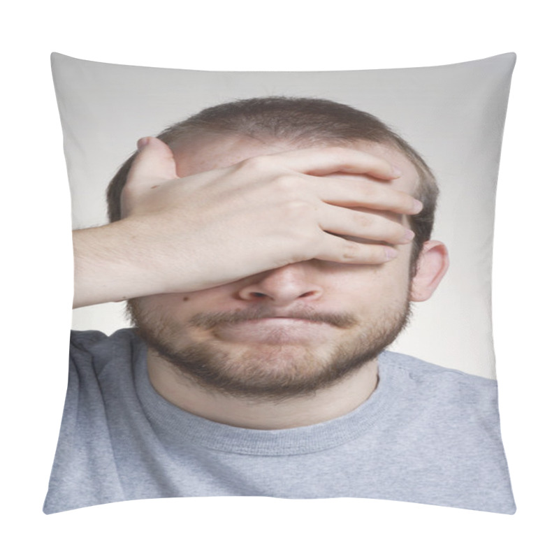 Personality  Expressive Young Man Covering His Eyes. Pillow Covers