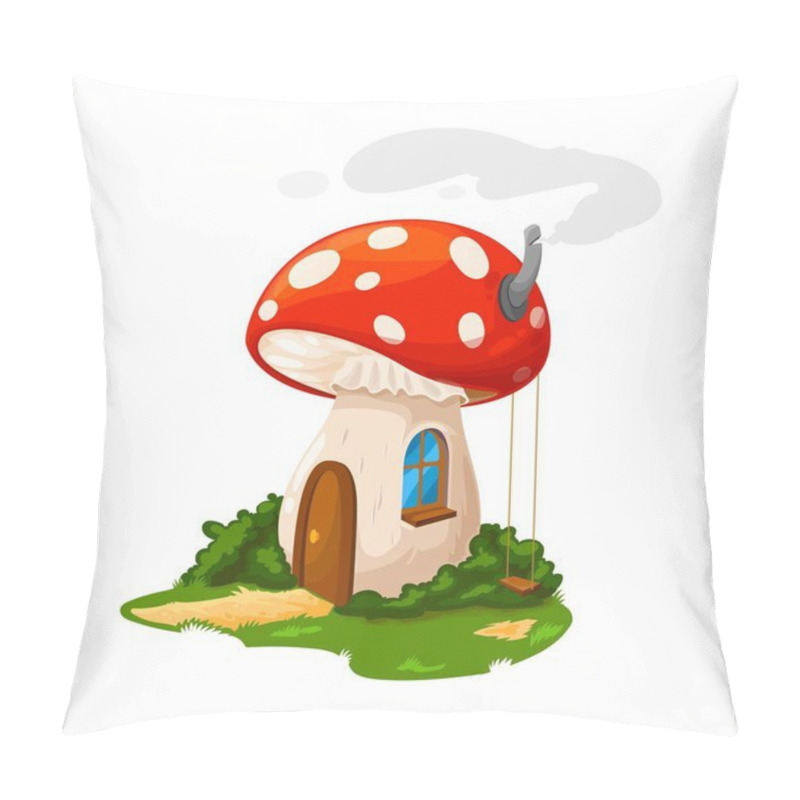 Personality  Fairy Mushroom House Or Gnome Dwelling And Dwarf Home, Vector Cartoon. Dwarf Gnome Or Elf Fairy Tale Mushroom House From Amanita, Hut With Wooden Door, Chimney And Swings At Garden Yard Pillow Covers