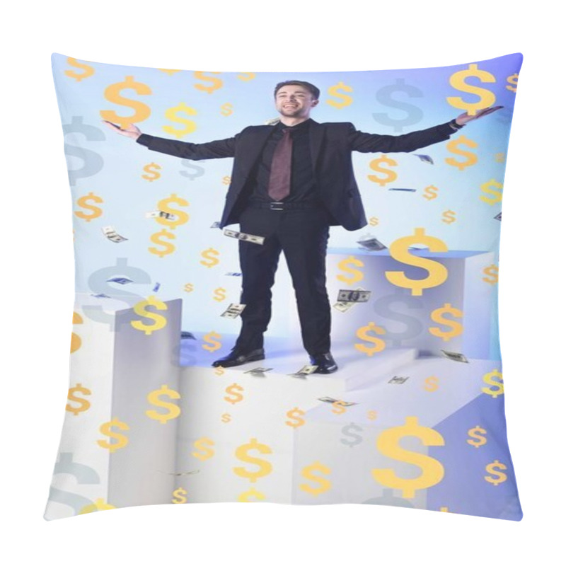 Personality  Smiling Businessman In Suit Standing On White Block With Falling Dollar Banknotes And Symbols Around Pillow Covers