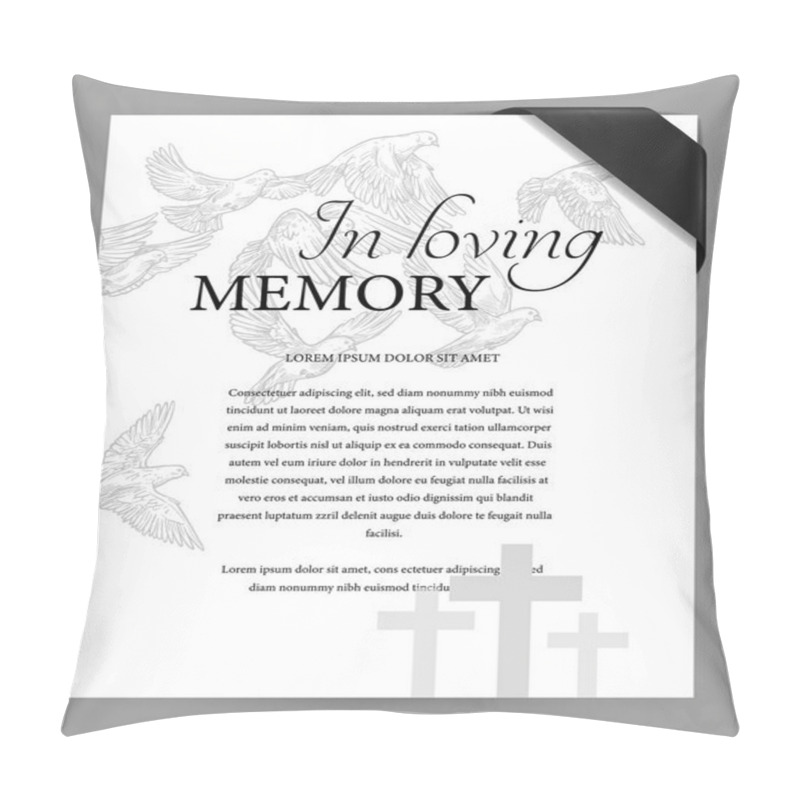 Personality  Funereal Card Design Template With Black Mourning Ribbon On Corner, Cemetery Graves Crosses And Flying Doves Engraved Vector. Funeral Ceremony Invitation Or Memorial Plate With Obituary Condolences Pillow Covers