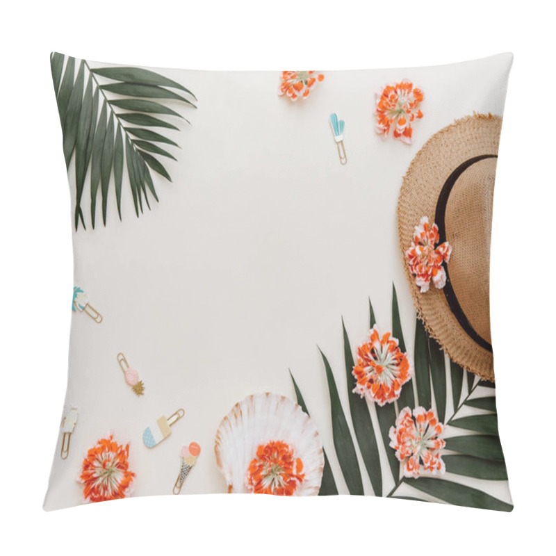 Personality  Flat Lay Summer Composition. Creative Concept Tropical Leaves And Straw Hat. Top View, Copy Space Pillow Covers