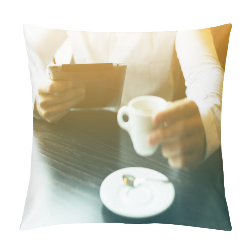 Personality  Man With Tablet Computer And Coffee Reading News At Motning Pillow Covers