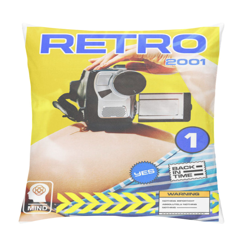 Personality  Creative Design. Nostalgic Poster With Classic Camcorder On Female Body In Swimsuit, Bold Yellow And Blue Colors, Playful 2000s Touch. Concept Of 90s Aesthetic, Nostalgia, Technology. Retro Poster, Ad Pillow Covers