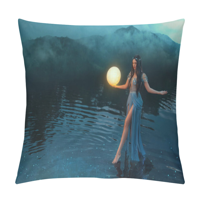 Personality  Fantasy Woman Holding Moon Magic Light Glowing Planet In Hand. Sexy Girl Goddess Night Elf Beauty Face Blacl Long Hair, River Nymph Wet Blue Dress, Stands On Water Dark Sky Clouds Lake. Lady Fairy Art Pillow Covers