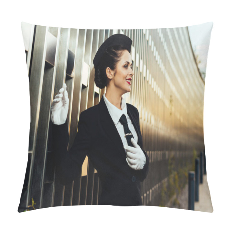 Personality  Happy Woman Stewardess In Uniform Posing At Camera Pillow Covers