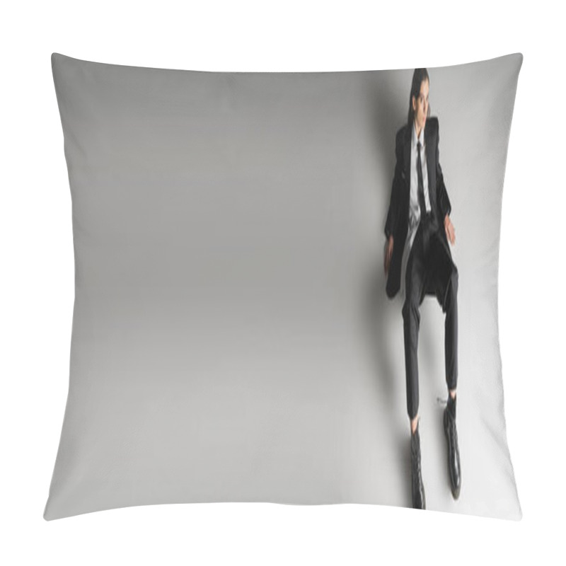 Personality  High Angle View Of Stylish Woman In Formal Wear And Laced-up Boots Sitting On Grey Background, Banner Pillow Covers