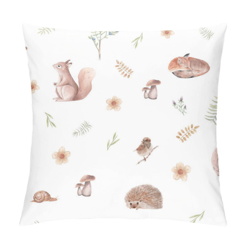 Personality  Seamless Pattern With Animals, Bird, Mushrooms, White Background Pillow Covers