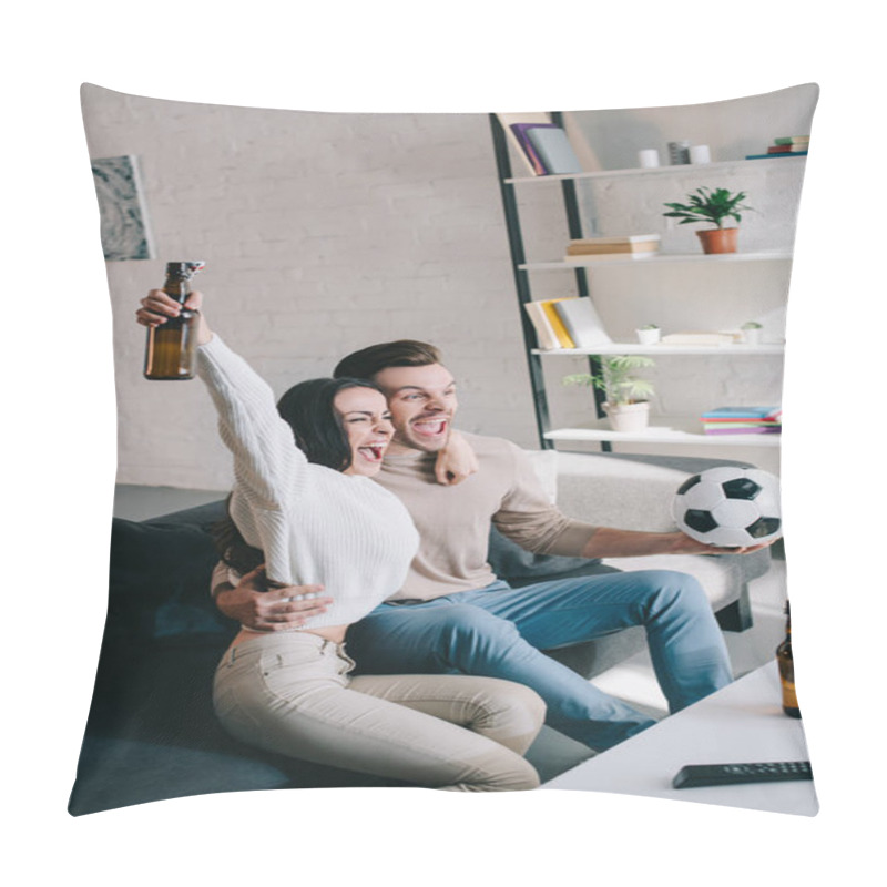 Personality  Happy Expressive Young Couple Watching Football Game At Home And Cheering Pillow Covers