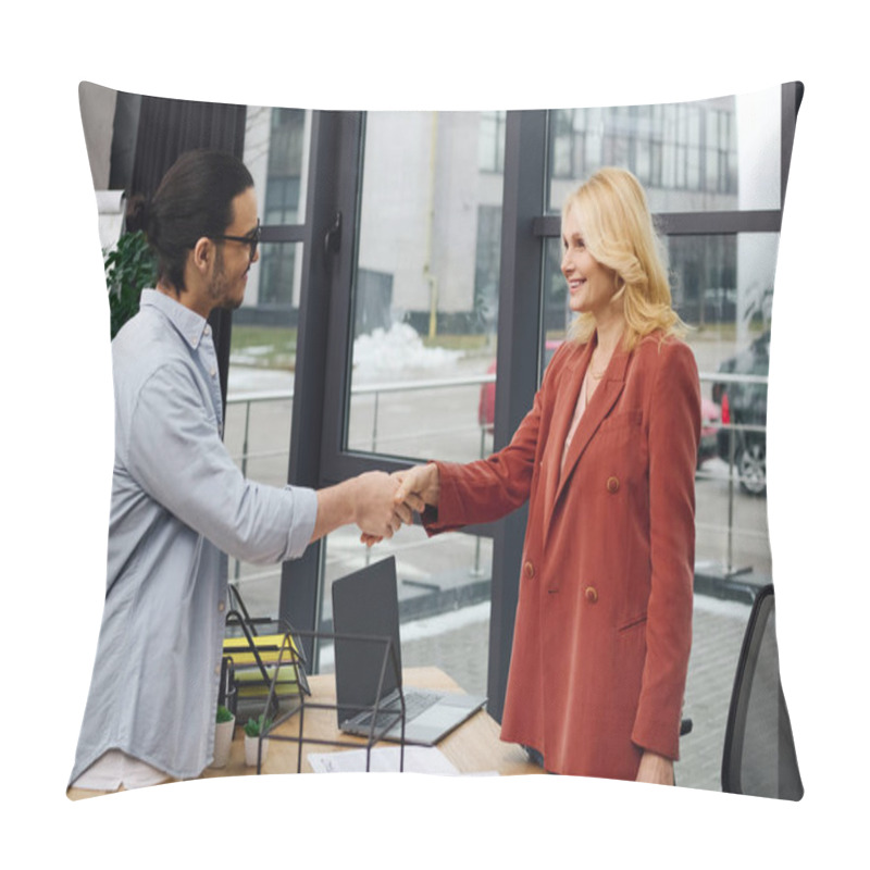 Personality  A Man And Woman In An Office Shaking Hands During A Job Interview. Pillow Covers