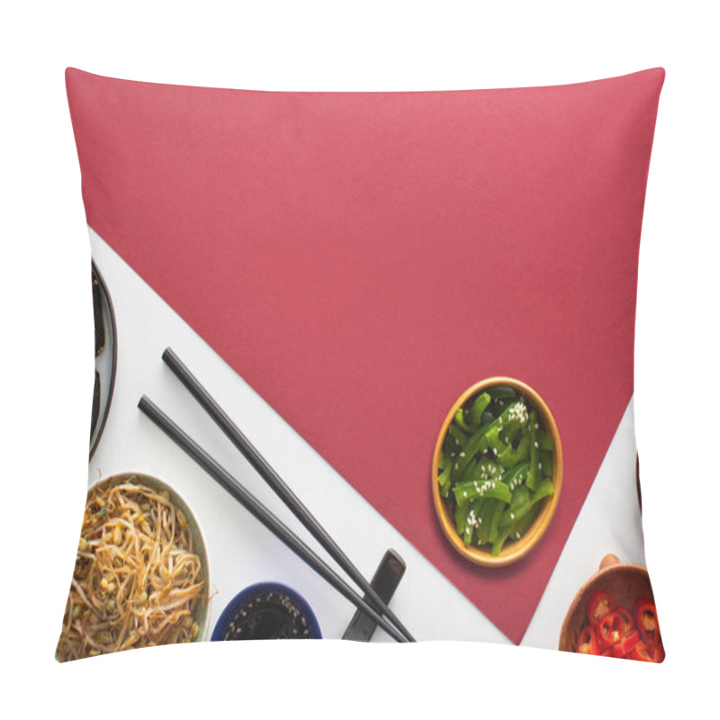 Personality  Top View Of Fresh Korean Gimbap And Side Dishes Near Chopsticks On White And Crimson  Pillow Covers