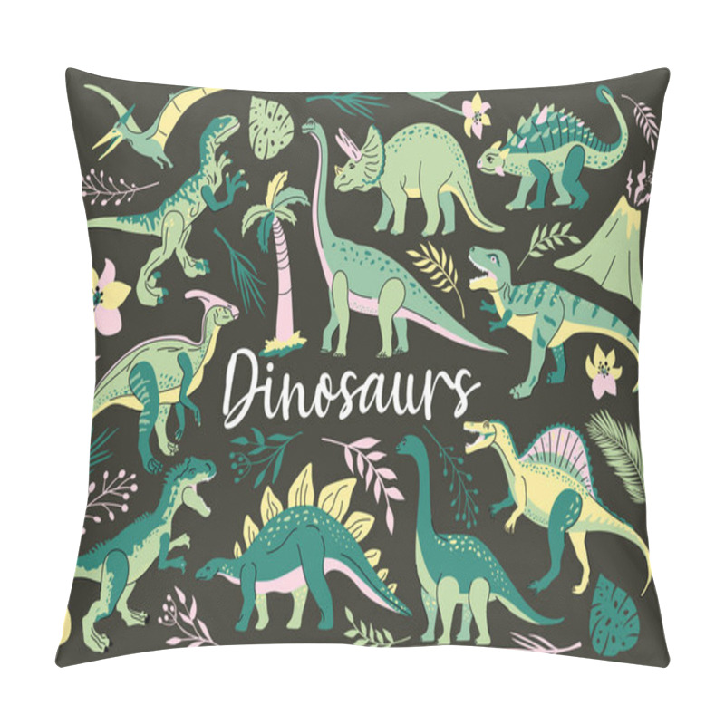 Personality  Set Of Dinosaurs Including T-rex, Brontosaurus, Triceratops, Velociraptor, Pteranodon, Allosaurus, Etc Isolated On White Pillow Covers